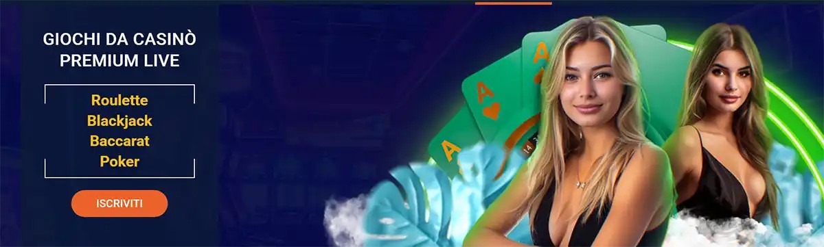 Live casino games banner showing roulette, blackjack, baccarat and poker with a sign-up button