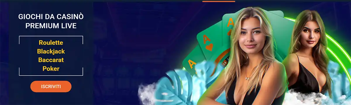 Live casino games banner showing roulette, blackjack, baccarat and poker with a sign-up button