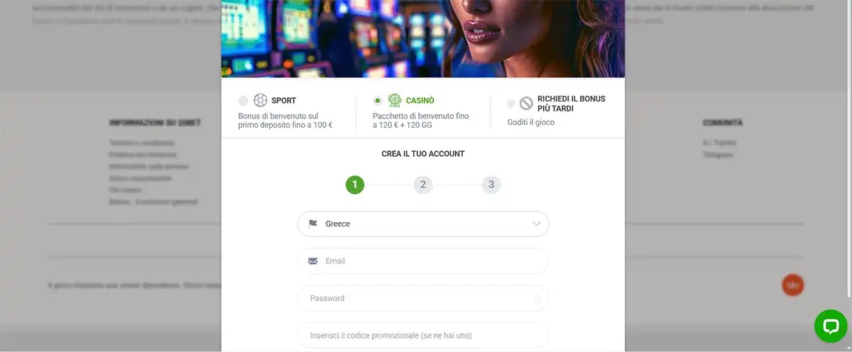 Online casino account creation form in Italian showing step one of registration with country, email and password fields