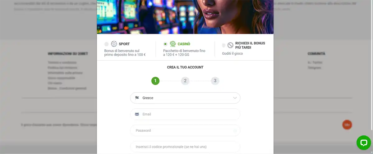 Online casino account creation form in Italian showing step one of registration with country, email and password fields